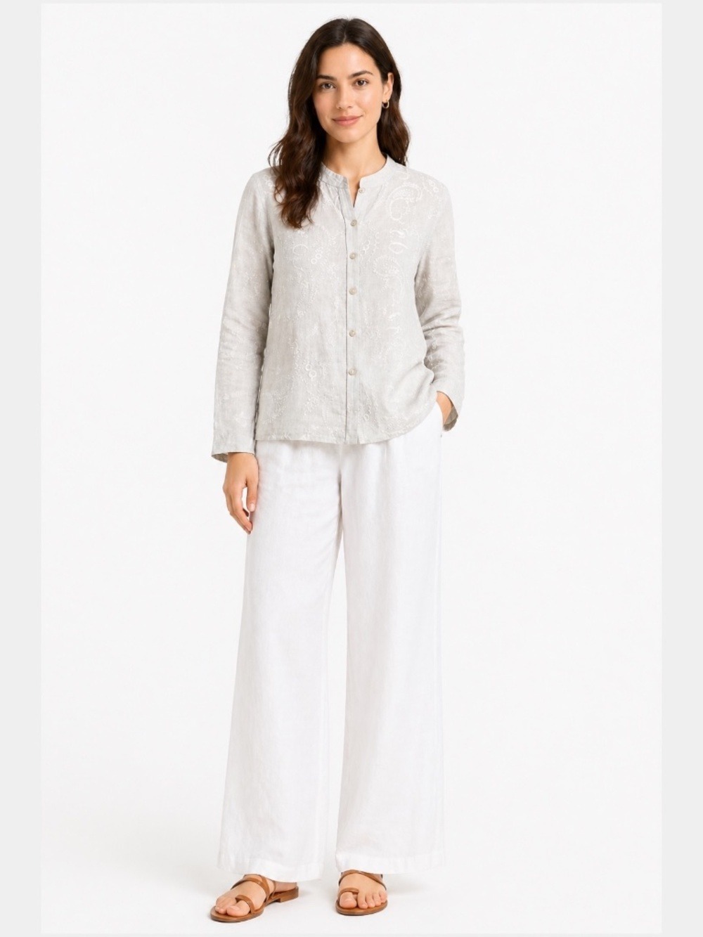 CONTEMPORAINE by SIMONS 100% Linen Long Sleeve Embroidered Button Front Shirt L